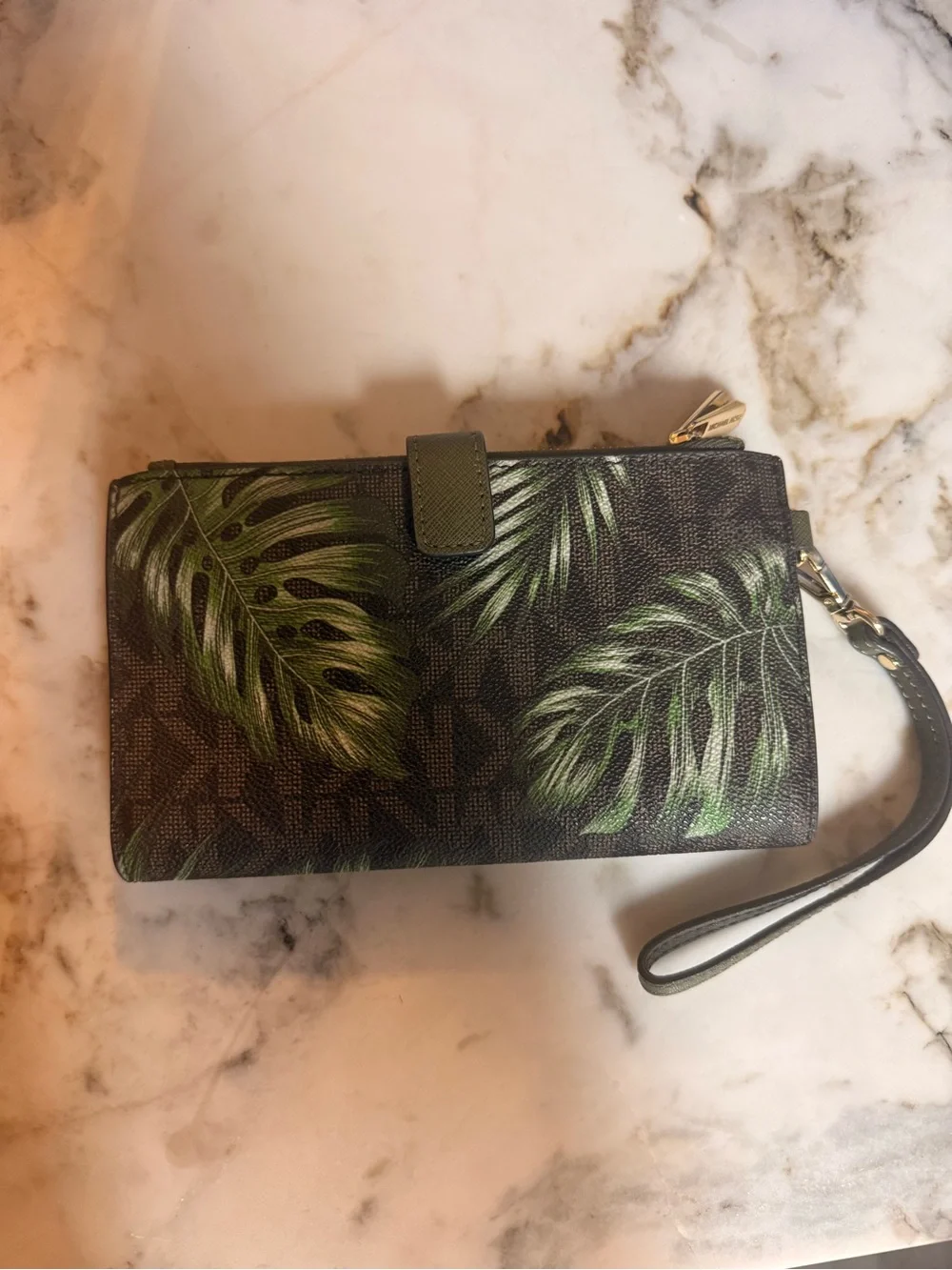 Michael Kors Black Wristlet with Green Palm Print